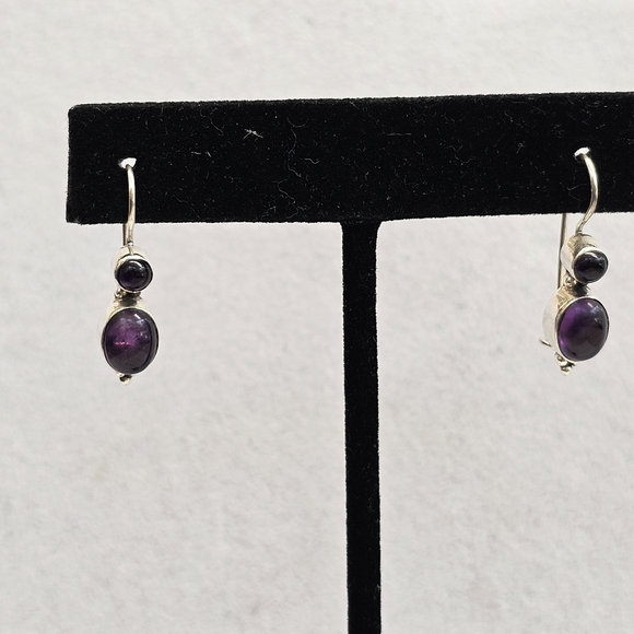 925 Sterling Silver Amethyst Drop Earrings Vintage - Picture 3 of 14